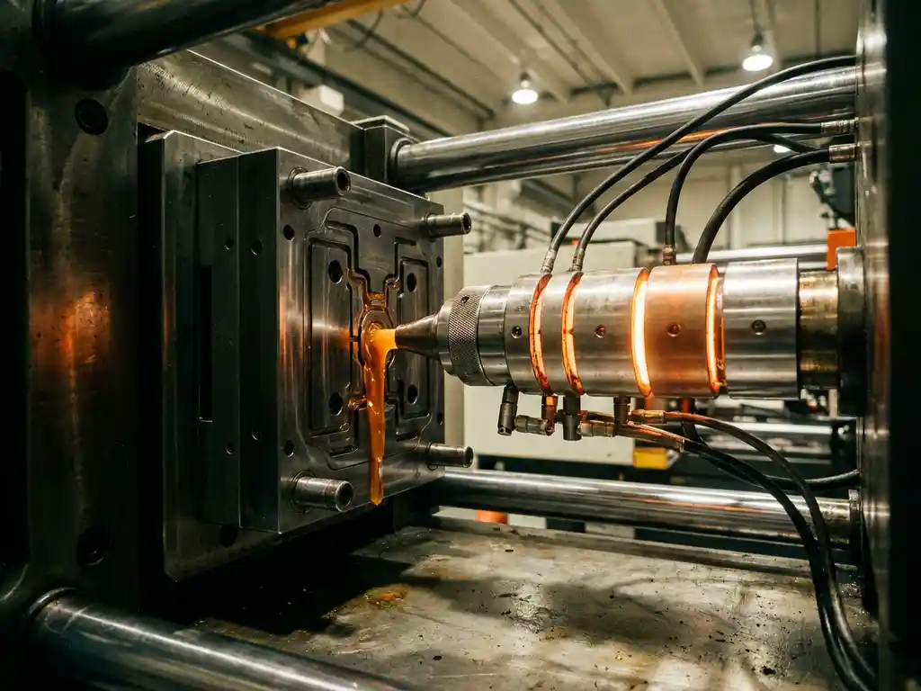Spuitgietmachine in werking met gesmolten plastic dat in een stalen matrijs stroomt, gefotografeerd op ooghoogte in een fabriek.
