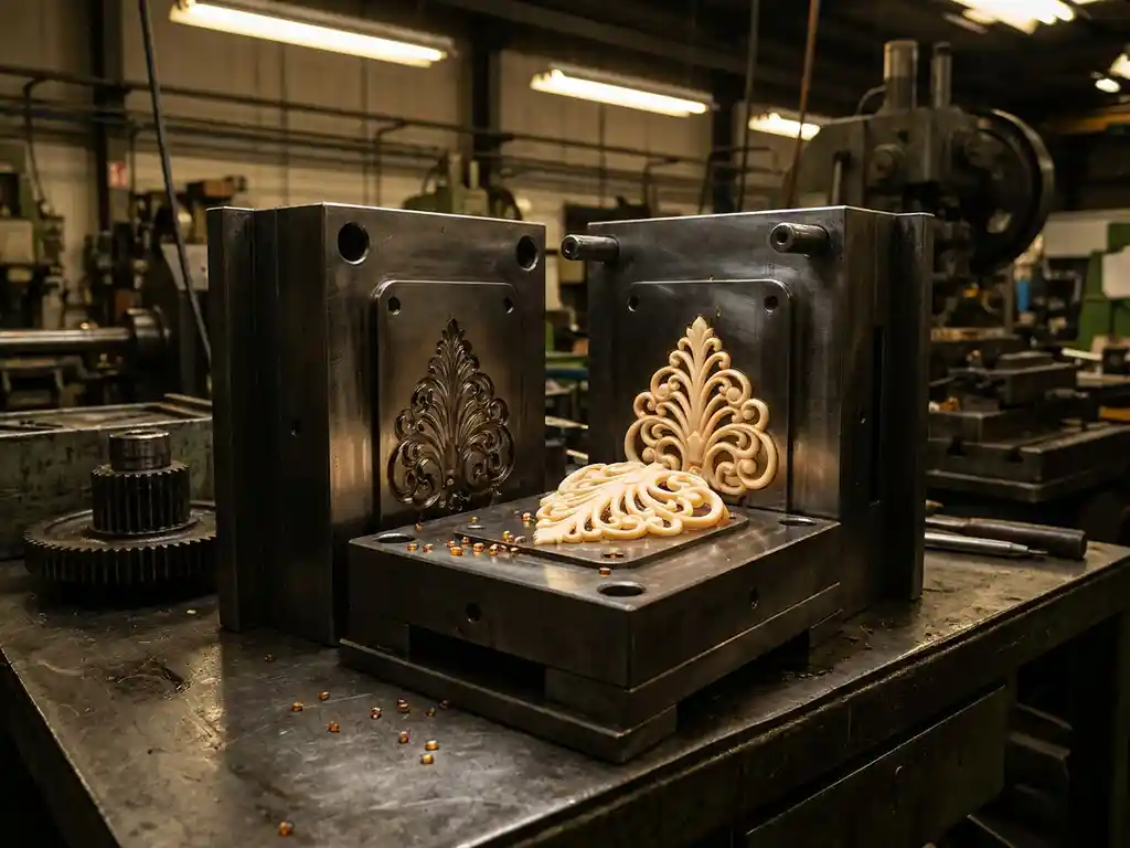 Open spuitgietmal op stalen werkoppervlak met uitgeworpen decoratief kunststof onderdeel en verspreide plastic korrels.