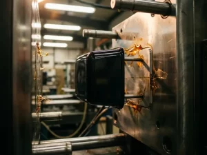 Glanzend zwart PCB-behuizing die uit een open spuitgietmal komt, met afkoelende plastic sporen op gepolijst stalen matrijsoppervlak.