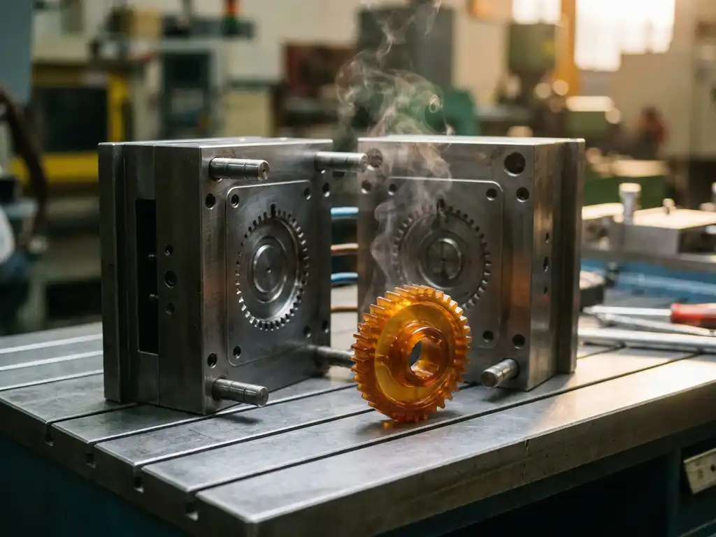 Glanzend plastic spuitgietonderdeel naast open stalen matrijs op metalen werkbank, met opstijgende stoom en zichtbare holtedetails.