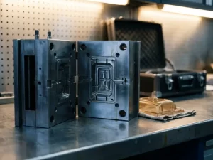 Open spuitgietmal op stalen werkbank met zichtbare holtedetails en vers gevormd plastic onderdeel, metalen koffer op achtergrond.