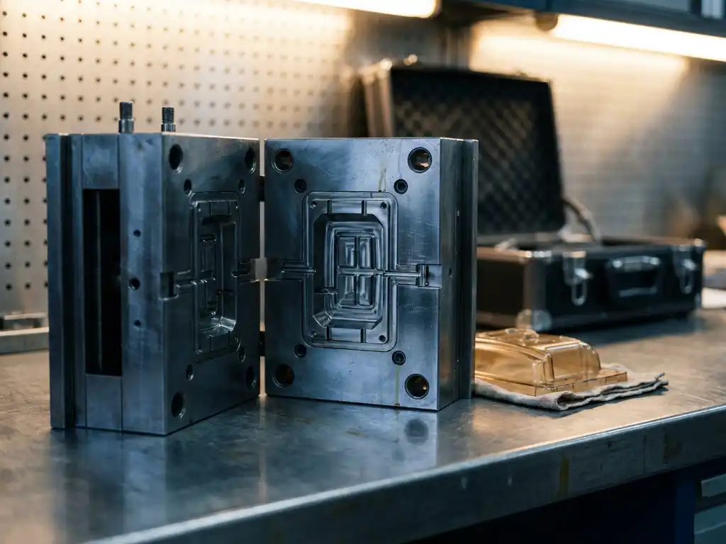 Open spuitgietmal op stalen werkbank met zichtbare holtedetails en vers gevormd plastic onderdeel, metalen koffer op achtergrond.