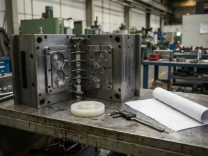 Opengespleten spuitgietmal op stalen werkbank met uitgeworpen kunststof onderdeel, schuifmaat en technische tekening.