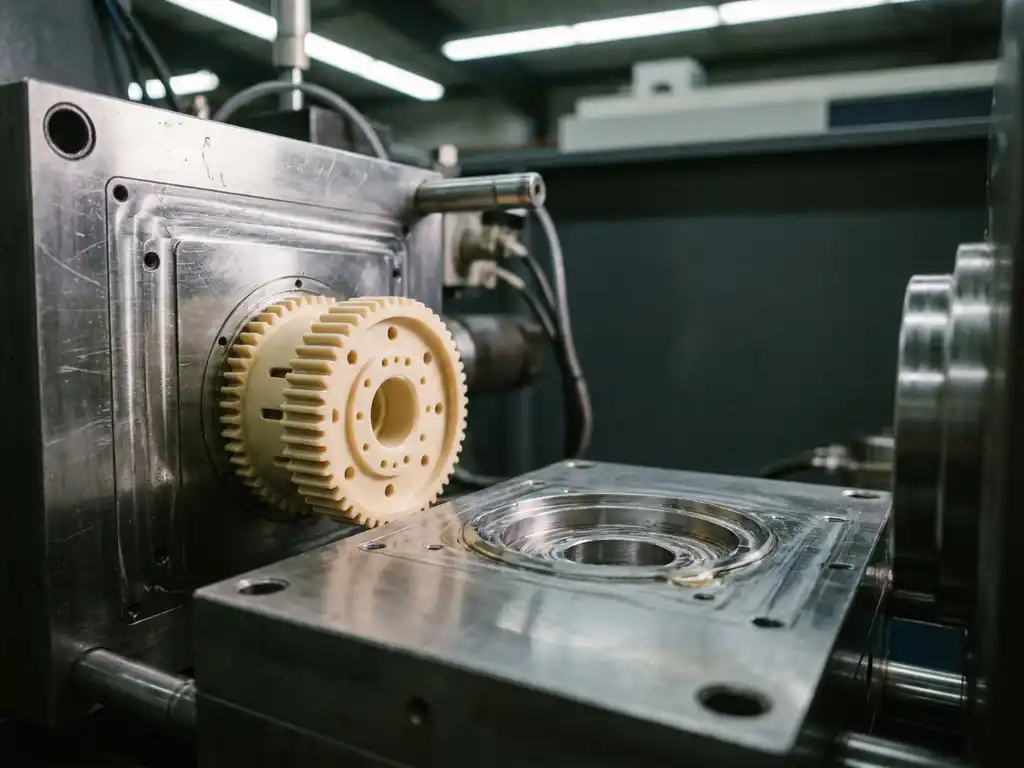Versgemaakt ivoorkleurig kunststof onderdeel in een open stalen spuitgietmal met zichtbare holtedetails en zachte industriële belichting.