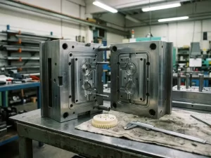 Open spuitgietmal op stalen werkbank met crèmekleurig kunststof prototype en precisiecaliper, ejectorpensporen zichtbaar op onderdeel.