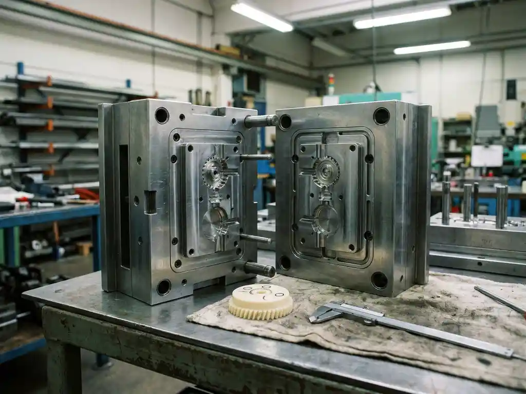 Open spuitgietmal op stalen werkbank met crèmekleurig kunststof prototype en precisiecaliper, ejectorpensporen zichtbaar op onderdeel.