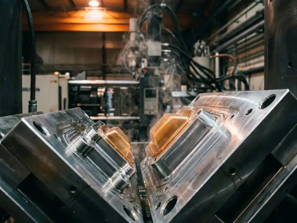 Stalen spuitgietmal opent zich met vers gevormd, doorschijnend plastic onderdeel en lichte stoomdamp in industriële omgeving.