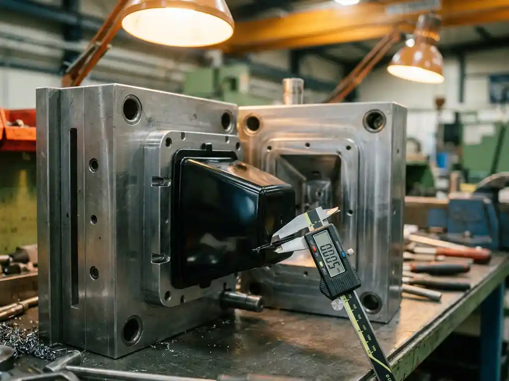 Geopende stalen spuitgietmal op werktafel met glanzend plastic onderdeel en digitale schuifmaat die tolerantie meet.
