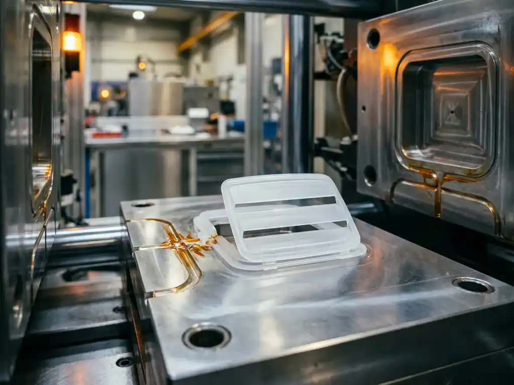 Vers gespoten ventilatieklepcomponent op stalen matrijsplaat in spuitgietmachine, met zichtbare gietkanalen en kunststofresten.