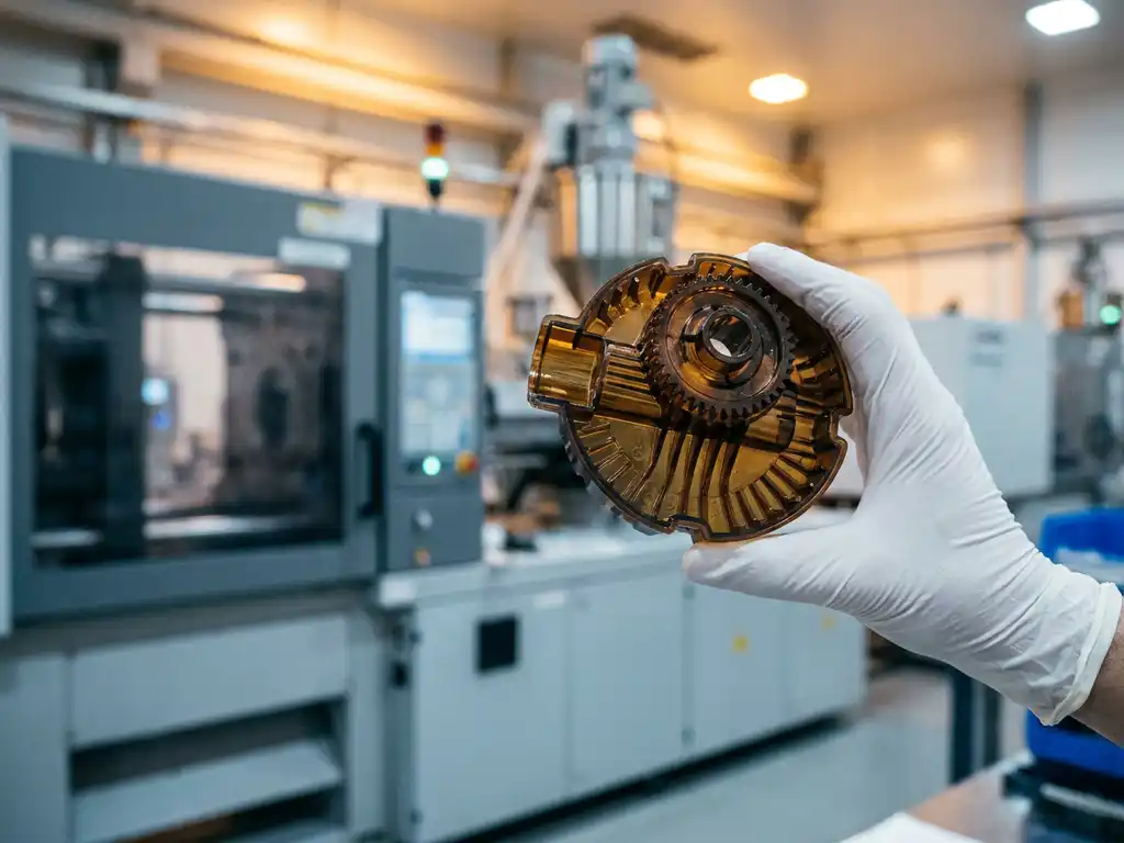 Handschoen inspecteert nauwkeurig spuitgegoten plastic onderdeel in industriële cleanroom met spuitgietmachine op achtergrond.