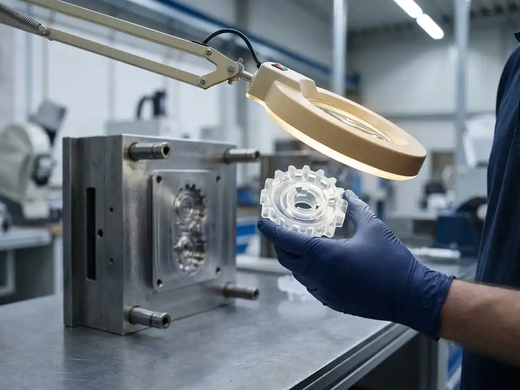 Technicus met handschoen inspecteert spuitgegoten kunststof onderdeel onder vergrotingslamp, matrijsgereedschap zichtbaar op stalen werkbank.