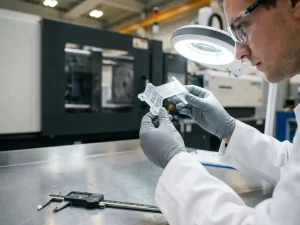 Handschoenende technicus inspecteert spuitgegoten kunststof onderdeel onder fabriekslicht, precisie schuifmaat op stalen werkbank op de voorgrond.