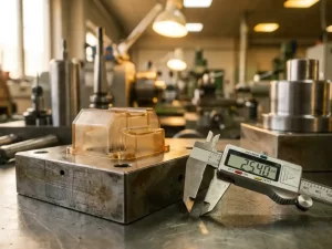 Vers gespoten kunststof spuitgietonderdeel afkoelend op stalen matrijs met precisie schuifmaat, industriële werkplaats.