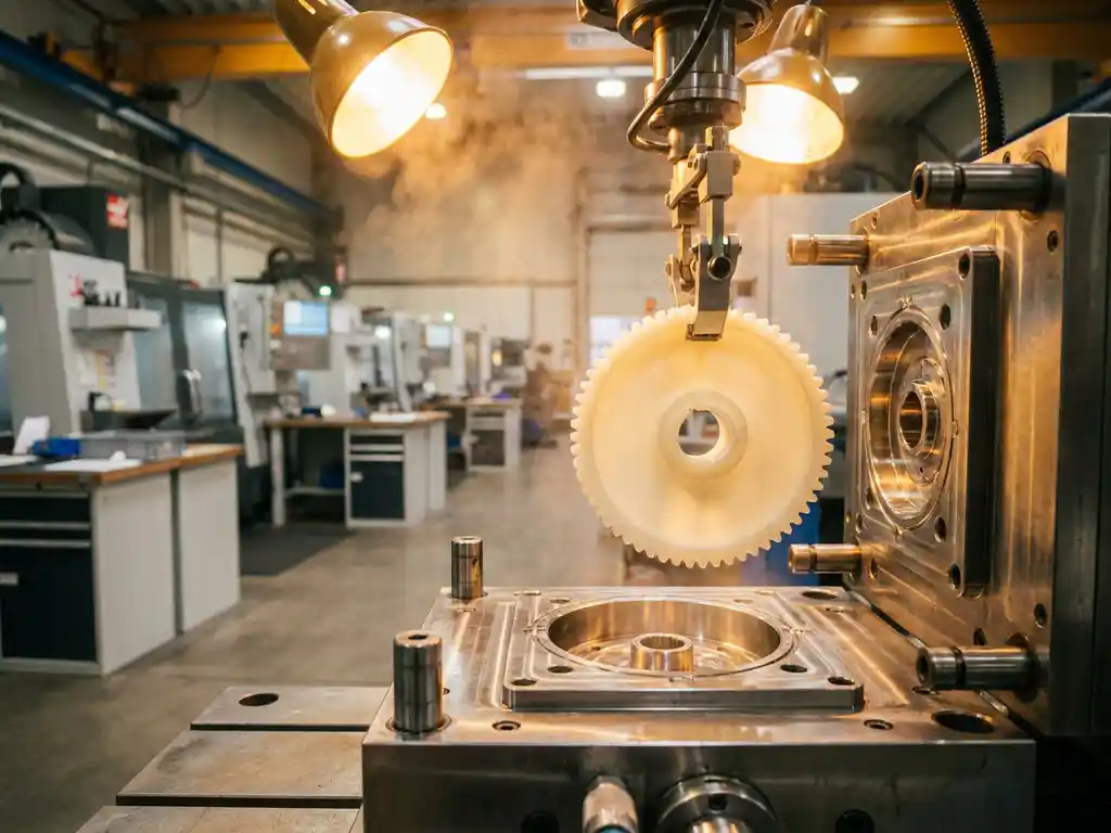 Glanzend spuitgegoten kunststof onderdeel dat uit een stalen matrijs wordt gelicht in een fabriek met CNC-machines op de achtergrond.