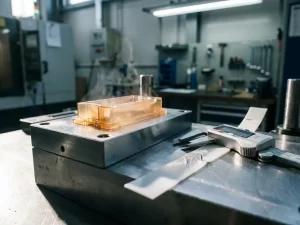 Vers geïnjecteerd kunststof onderdeel op gepolijste stalen matrijs, omringd door schuifmaat en teststrip, industriële werkplaats.