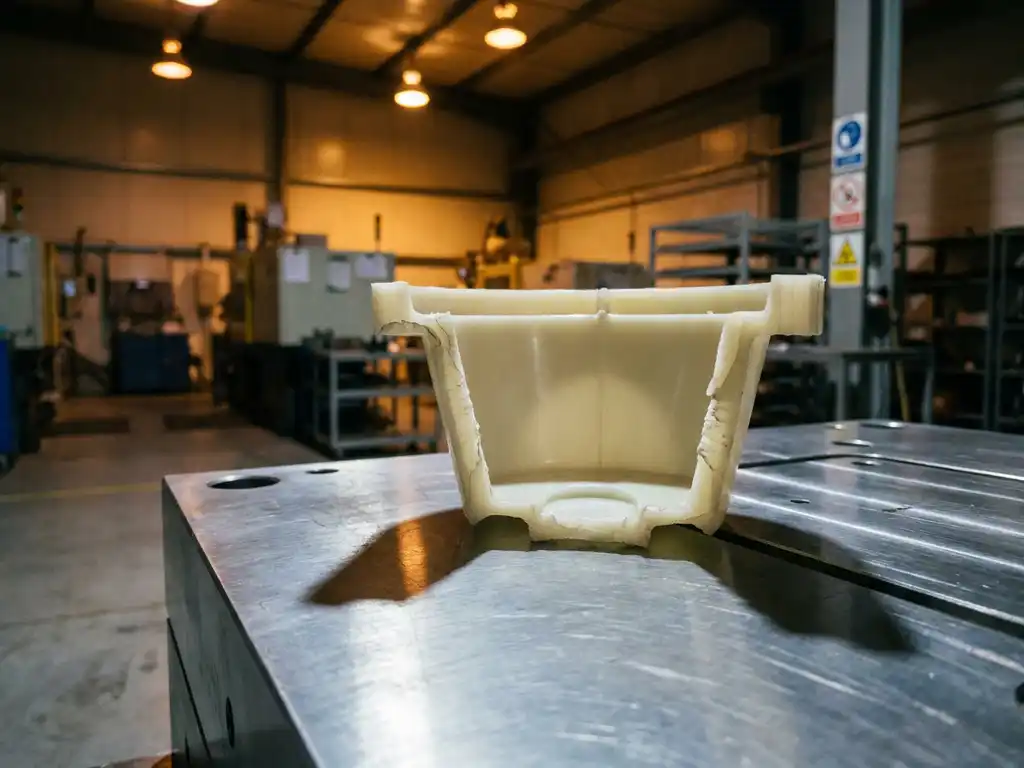 Doorsnede van spuitgegoten kunststof onderdeel met variërende wanddiktes op precisie stalen matrijs in industriële productieomgeving.