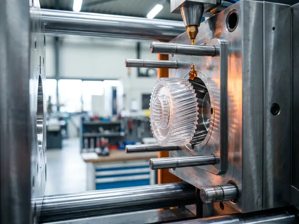 Spuitgegoten plastic onderdeel dat uit een geopende stalen mal wordt geworpen in een industriële machine, met zichtbaar gesmolten plastic bij het injectiepunt.