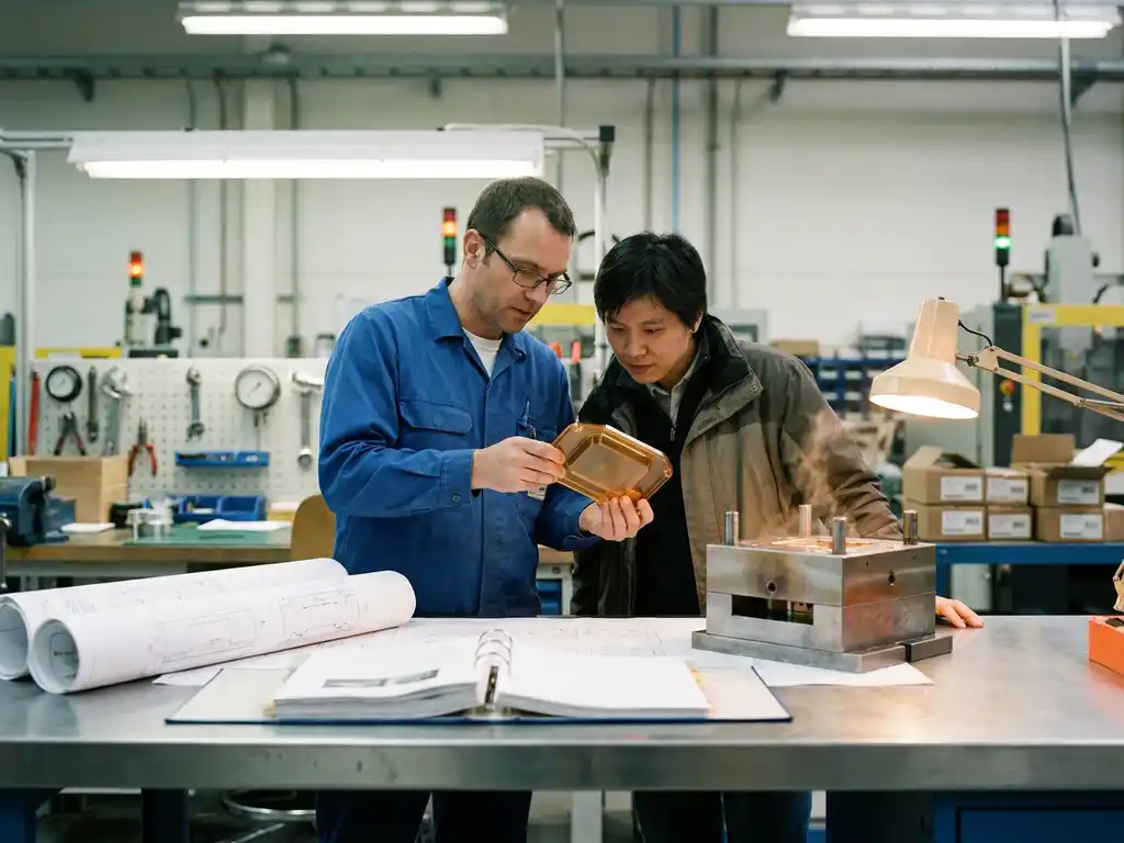 Ingenieur en klant bekijken samen een spuitgegoten plastic prototype op een werkbank met technische tekeningen.