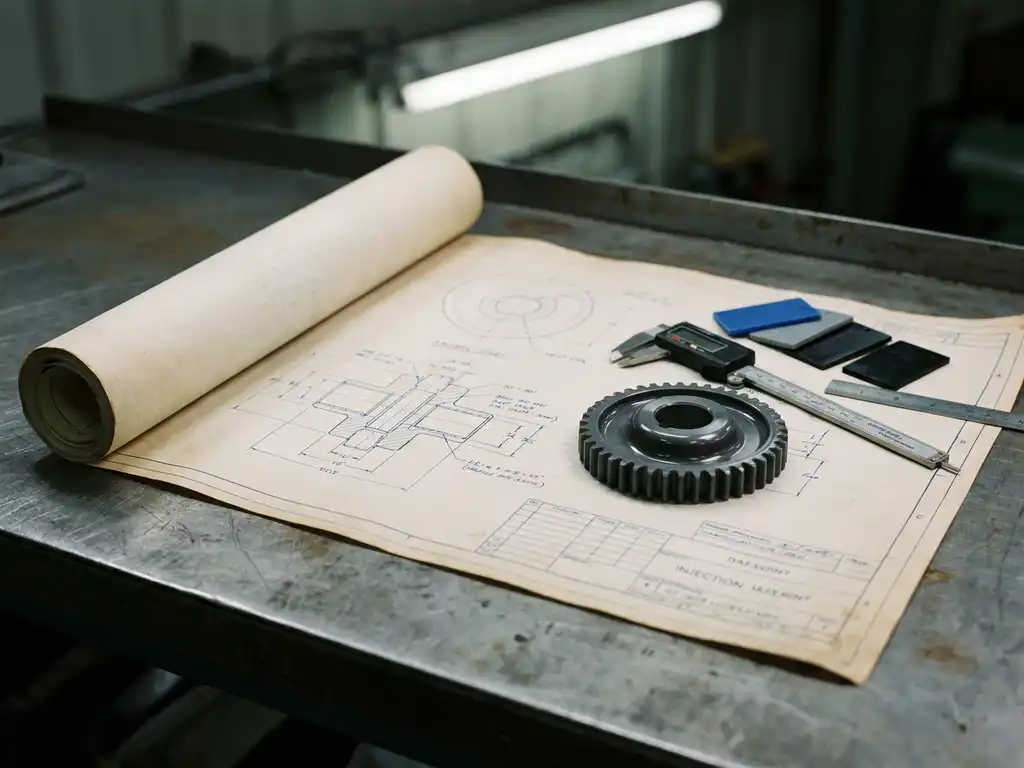 Technische tekening op drafting papier met spuitgegoten plastic component, schuifmaten en materiaalmonsters op stalen werktafel.