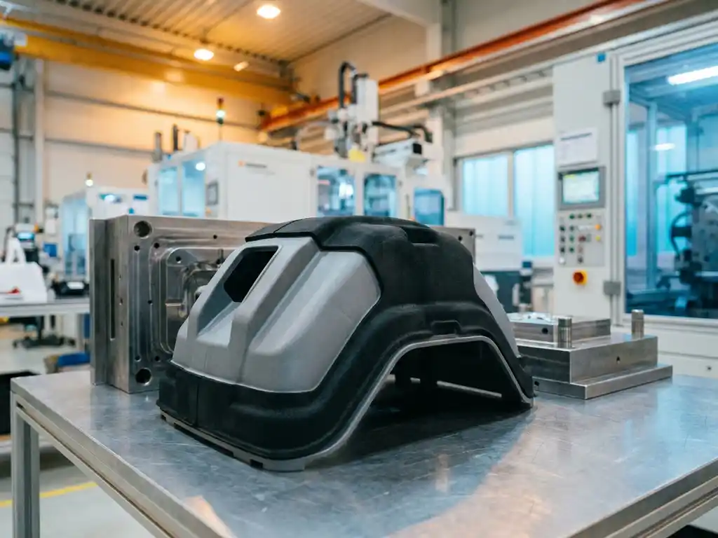 Tweecomponenten kunststof onderdeel met rigide grijze kern en zacht zwart rubber overmould op stalen werktafel in Nederlandse spuitgietfabriek.