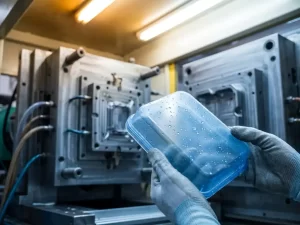 Waterbestendig kunststof behuizing met waterdruppels geïnspecteerd onder fabriekslicht, open injectiematrijs zichtbaar op achtergrond.