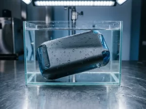 Precisie spuitgegoten kunststof behuizing in heldere watertank, waterdruppels parelend op het gladde oppervlak, op stalen werkbank.