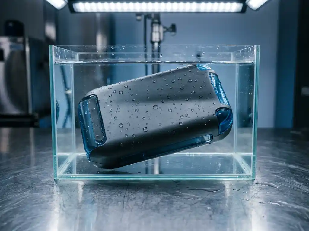 Precisie spuitgegoten kunststof behuizing in heldere watertank, waterdruppels parelend op het gladde oppervlak, op stalen werkbank.