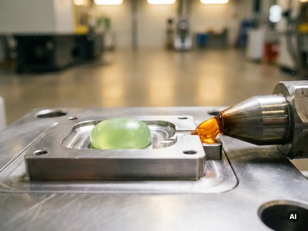 Translucent groen bioplastic pellet wordt in een stalen spuitgietmal geïnjecteerd, met gesmolten materiaal zichtbaar aan de mondstukpunt.