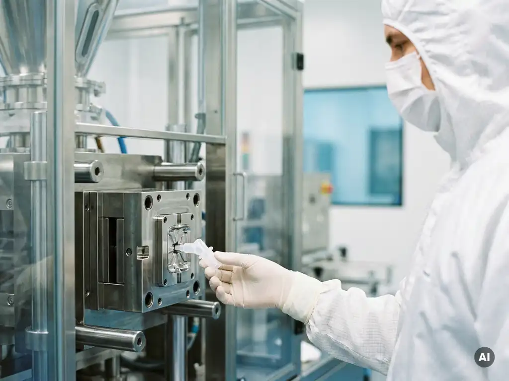 Wit farmaceutisch plastic onderdeel uit spuitgietmal in cleanroom, technicus in beschermend pak bedient roestvrijstalen machine.