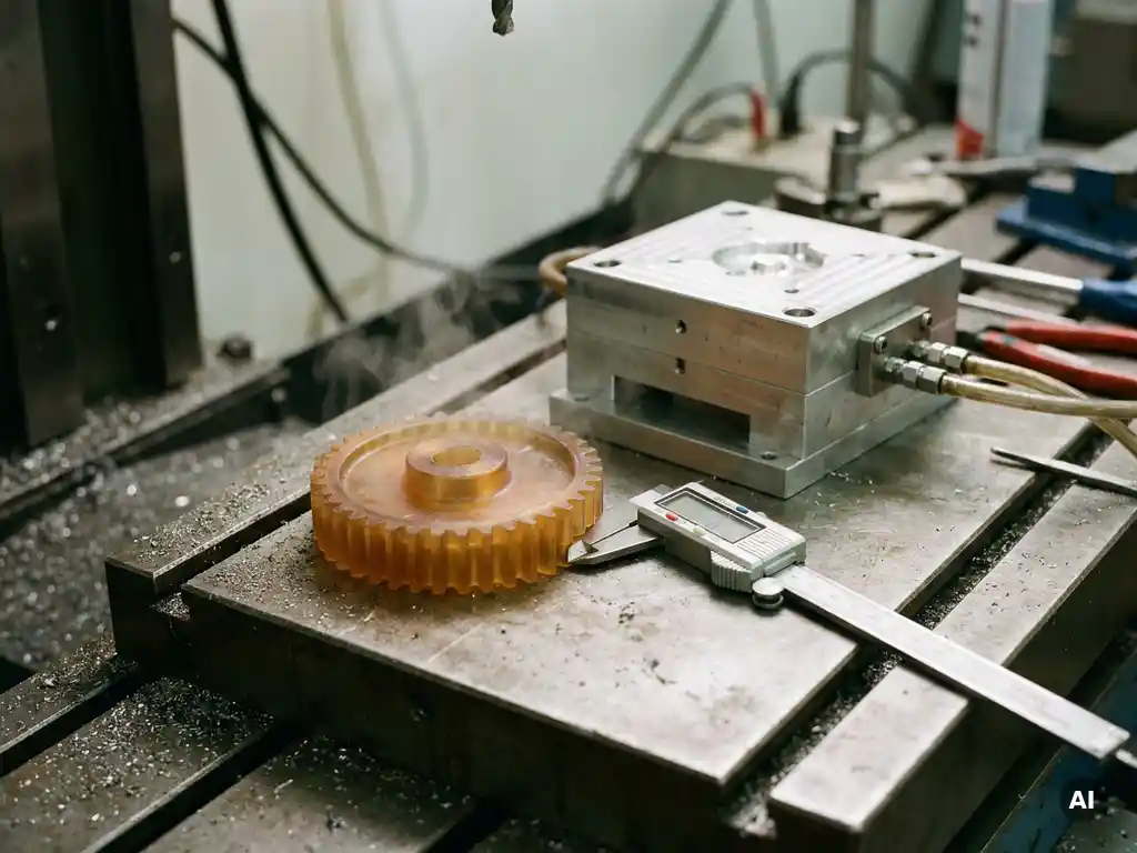 Plastic prototype onderdeel naast aluminium rapid tooling mal op stalen werkoppervlak, digitale schuifmaat meet componentranden.