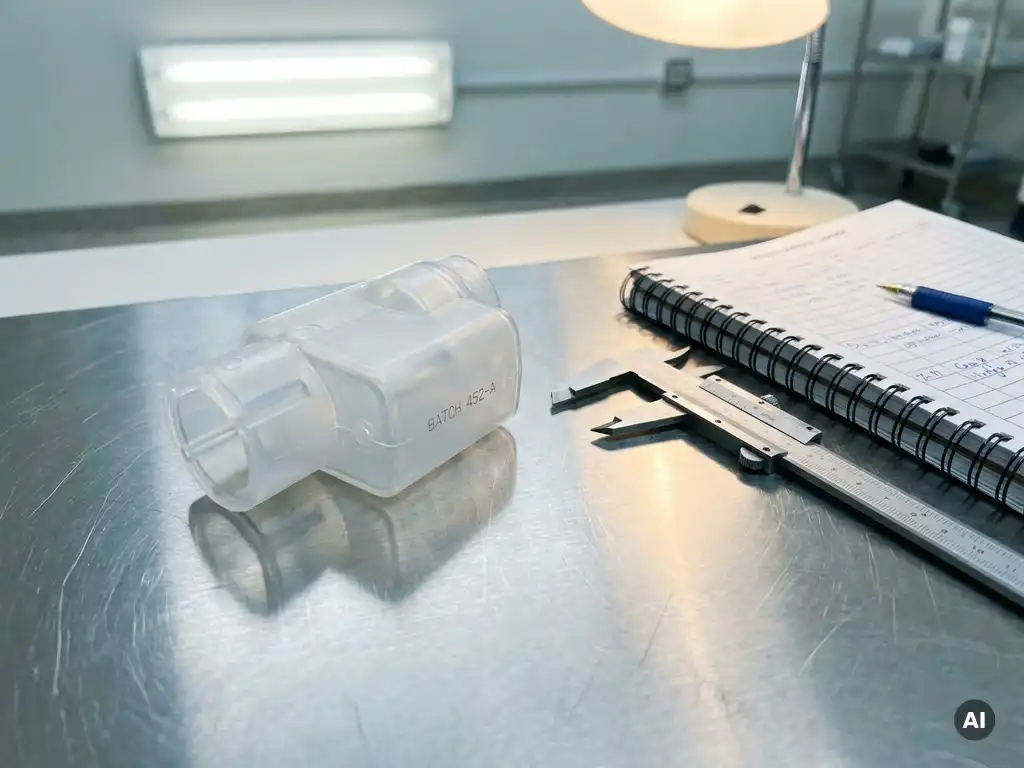 Translucent medisch plastic onderdeel met gegraveerde batchcode op roestvrijstalen inspectievlak, met schuifmaat en kwaliteitslogboek.