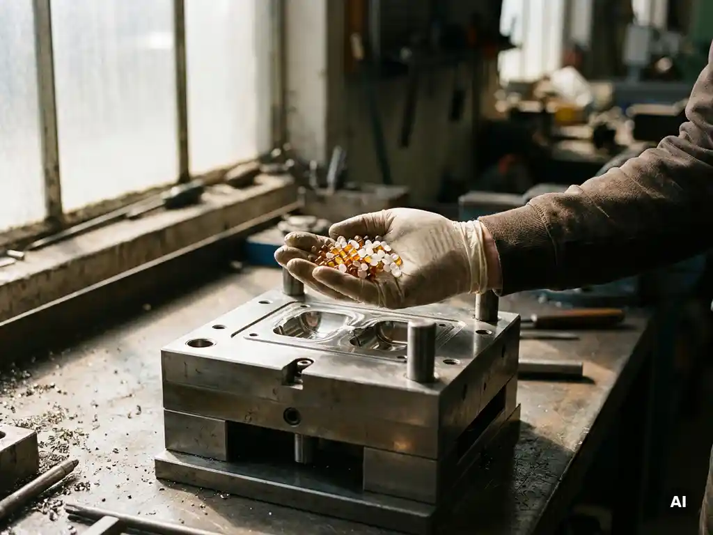Gehandschoende hand van een materiaalingenieur met witte, doorschijnende en amberkleurige polymeerkorrels boven een precisie-injectiematrijs.