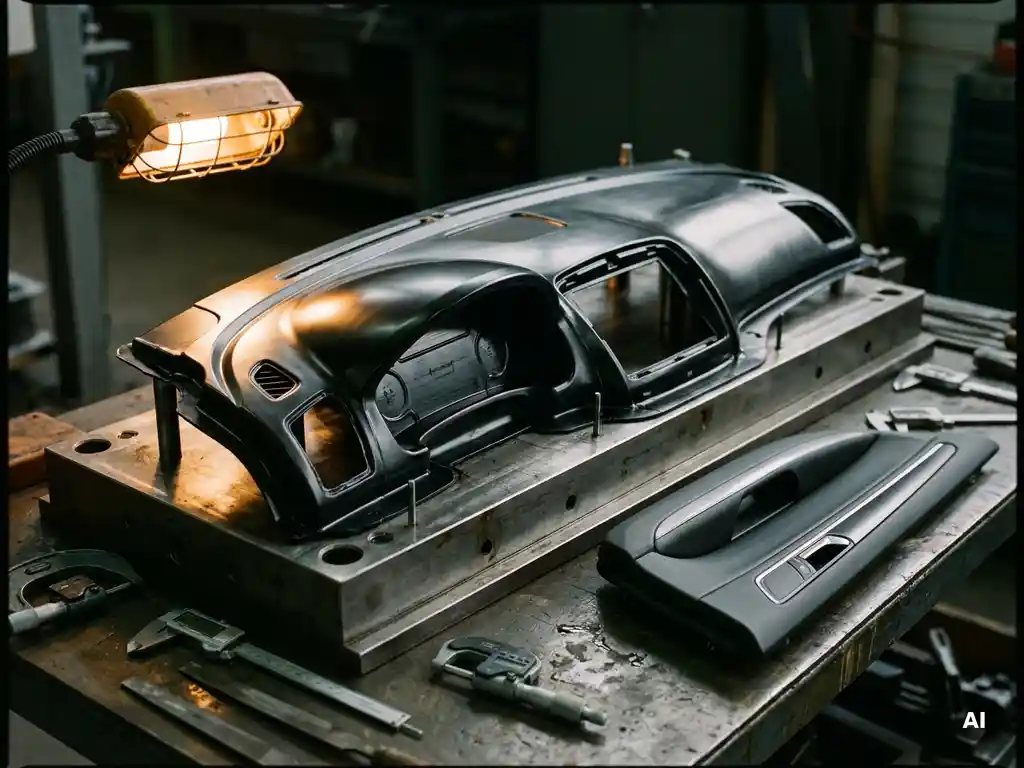 Glanzend zwart automotive dashboard paneel afkoelend op stalen matrijs, omringd door precisie gereedschappen in industriële werkplaats.