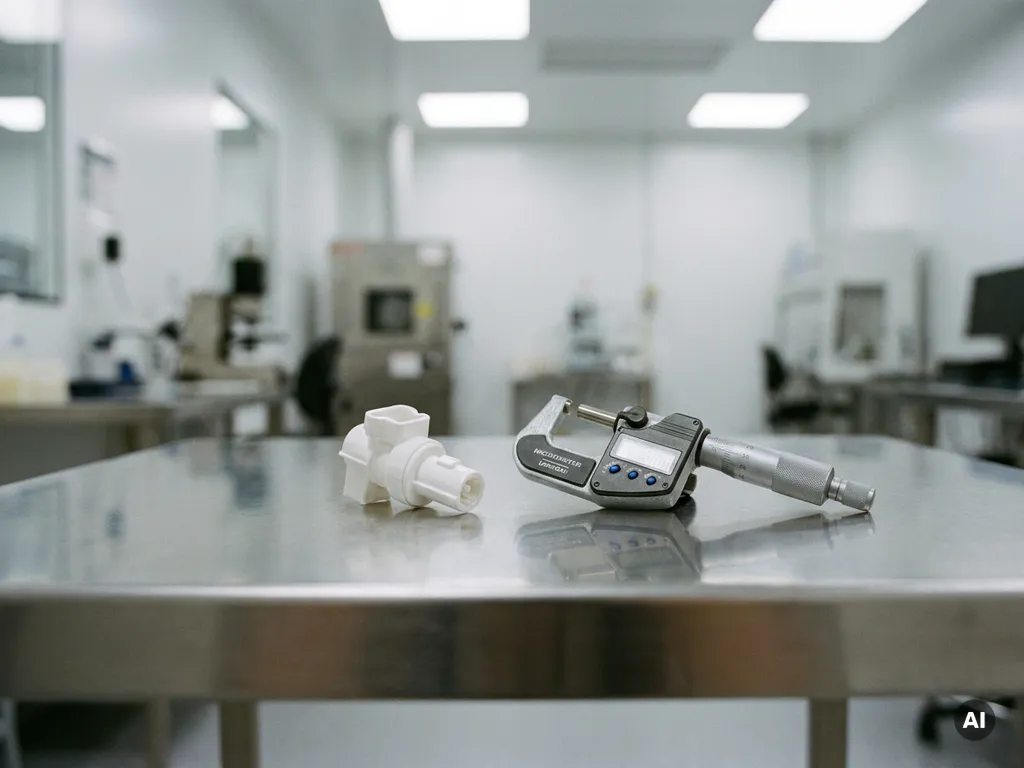 Wit spuitgegoten medisch onderdeel naast een gekalibreerde micrometer op roestvrijstalen oppervlak in cleanroom.