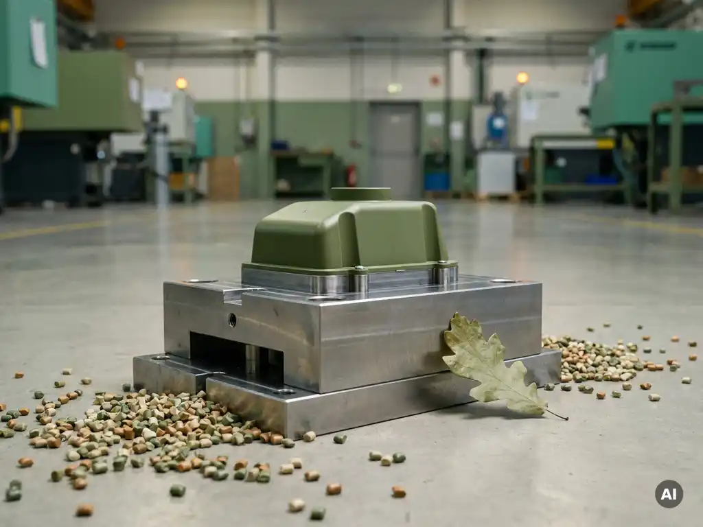 Vers spuitgegoten plastic onderdeel op stalen matrijs, omringd door gerecyclede plastic pellets en een groen blad op betonnen fabrieksvloer.