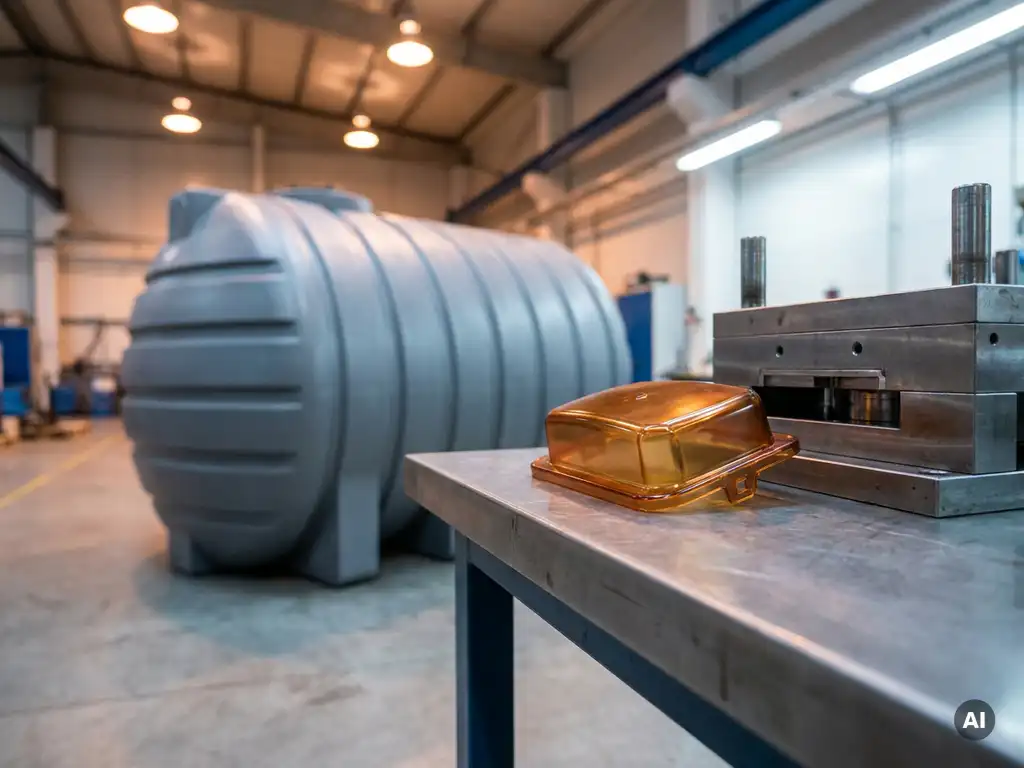 Glanzend spuitgegoten plastic onderdeel op werkbank naast een grote rotatiegegoten tank in een industriële fabriek.