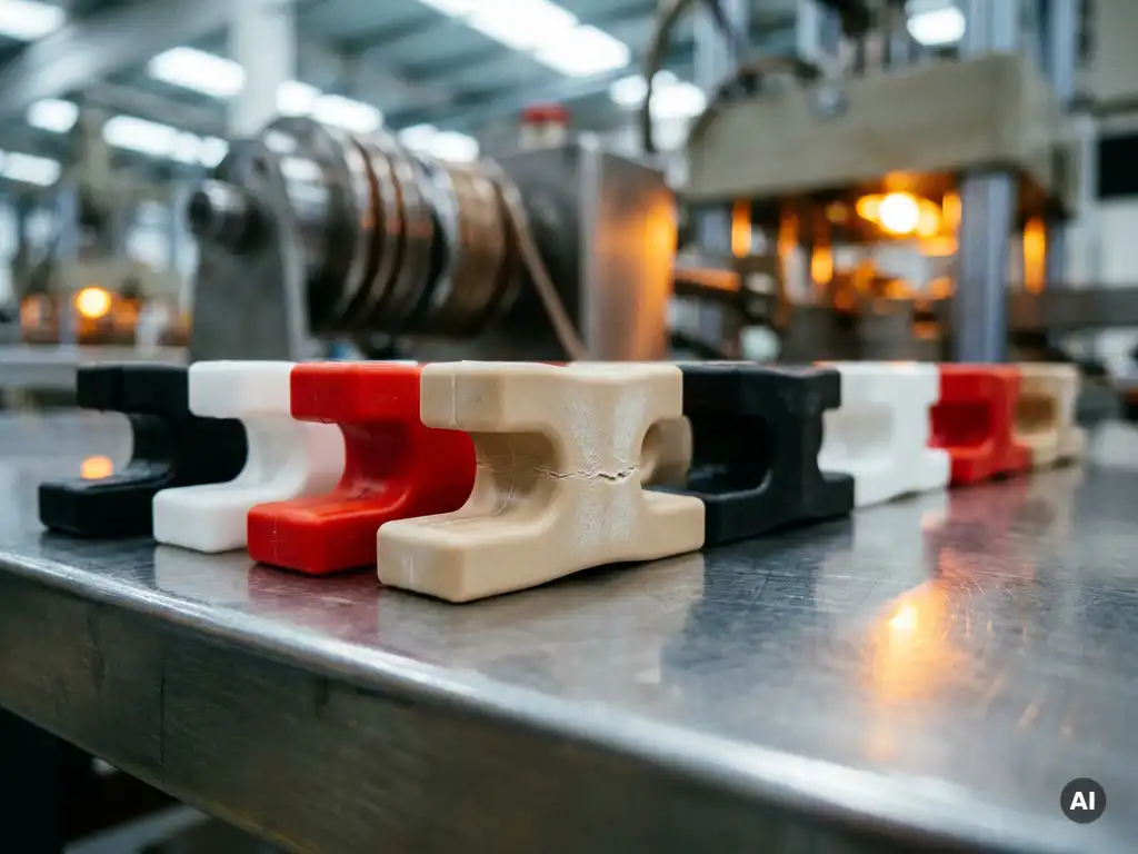 Spuitgegoten kunststof onderdelen in zwart, wit, rood en beige op stalen fabrieksoppervlak, één component onder stresstест.