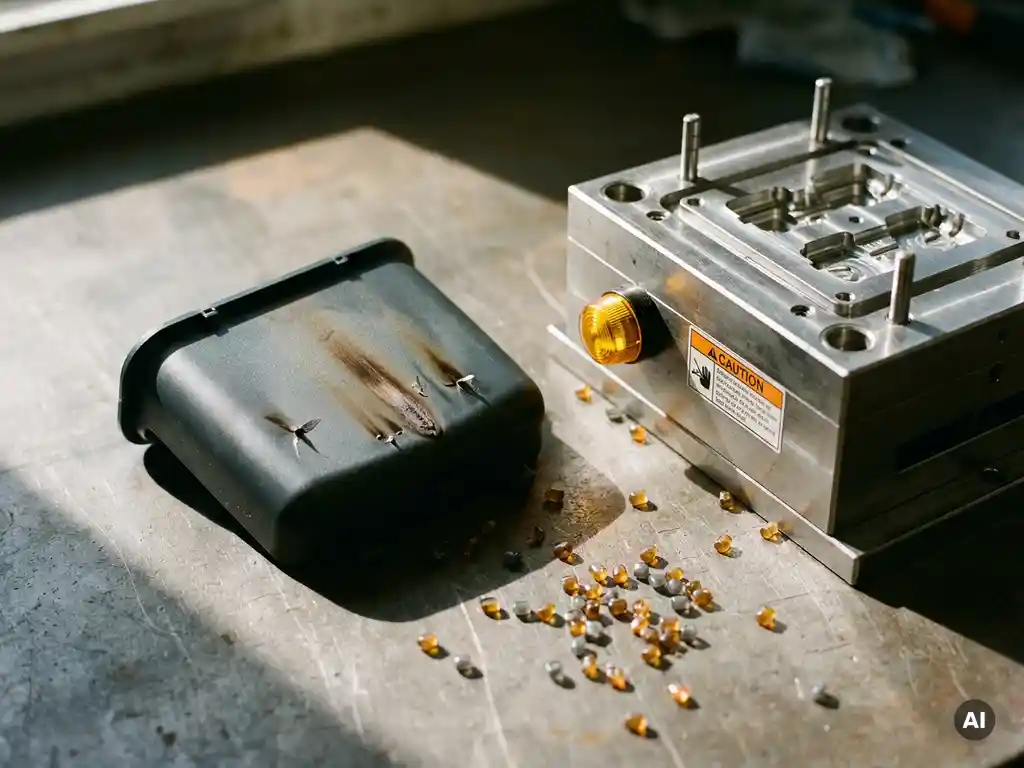 Verbrand spuitgegoten plastic onderdeel naast een stalen matrijs op een industriële werkbank, met verspreide plastic korrels.