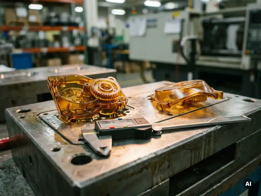 Precisie kunststof onderdeel op stalen matrijs naast schuifmaat, met zichtbare vervorming op afgekeurd onderdeel.