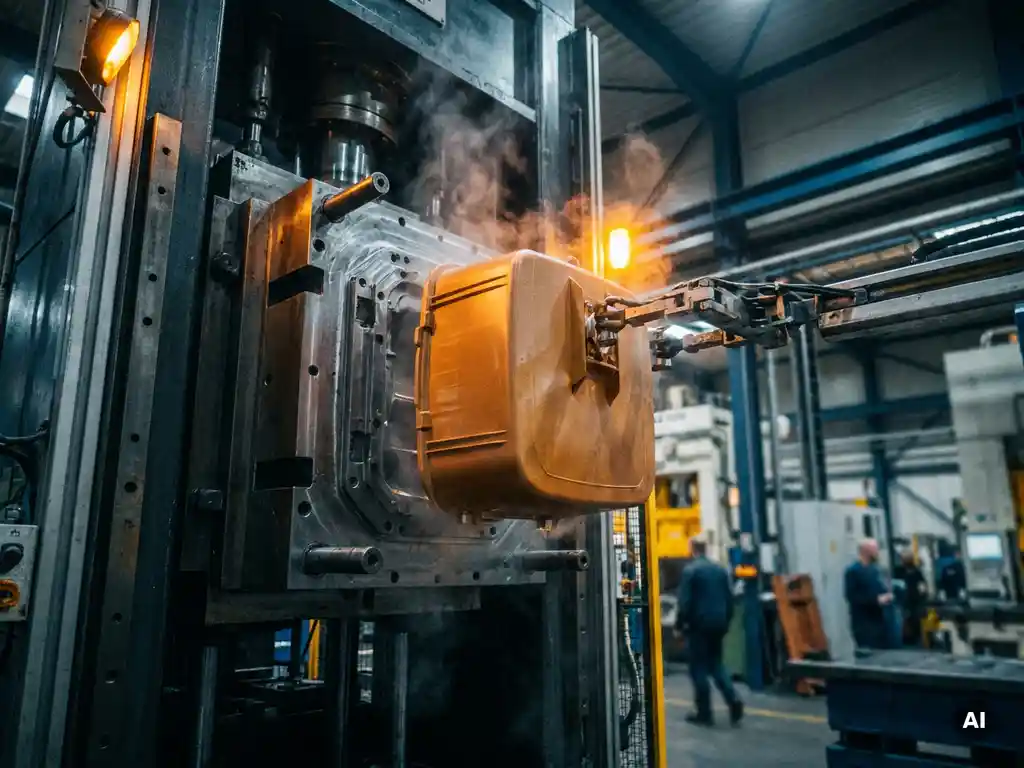 Groot kunststof spuitgietdeel dat uit een industriële mal wordt gehaald in een Nederlandse fabriek, omgeven door imposante persmachines.