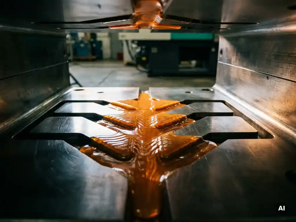 Gesmolten plastic dat zich via meerdere injectiepoorten verdeelt in een stalen matrijs, met amberkleurig materiaal dat door gefreesde kanalen stroomt.
