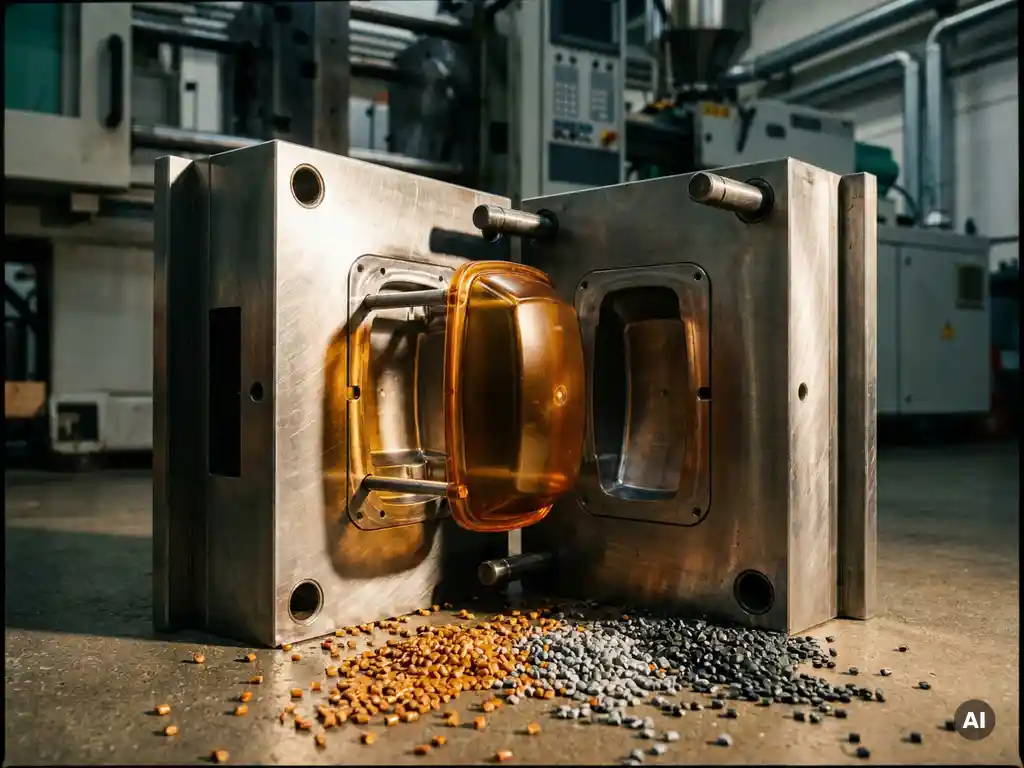 Spuitgegoten plastic onderdeel dat uit een stalen matrijs komt, omgeven door gekleurde plastic korrels op een precisie productievloer.