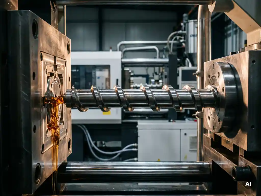 Roestvrijstalen injectieschroef in een spuitgietmachine met vloeiend gesmolten plastic door een precisie-matrijs.