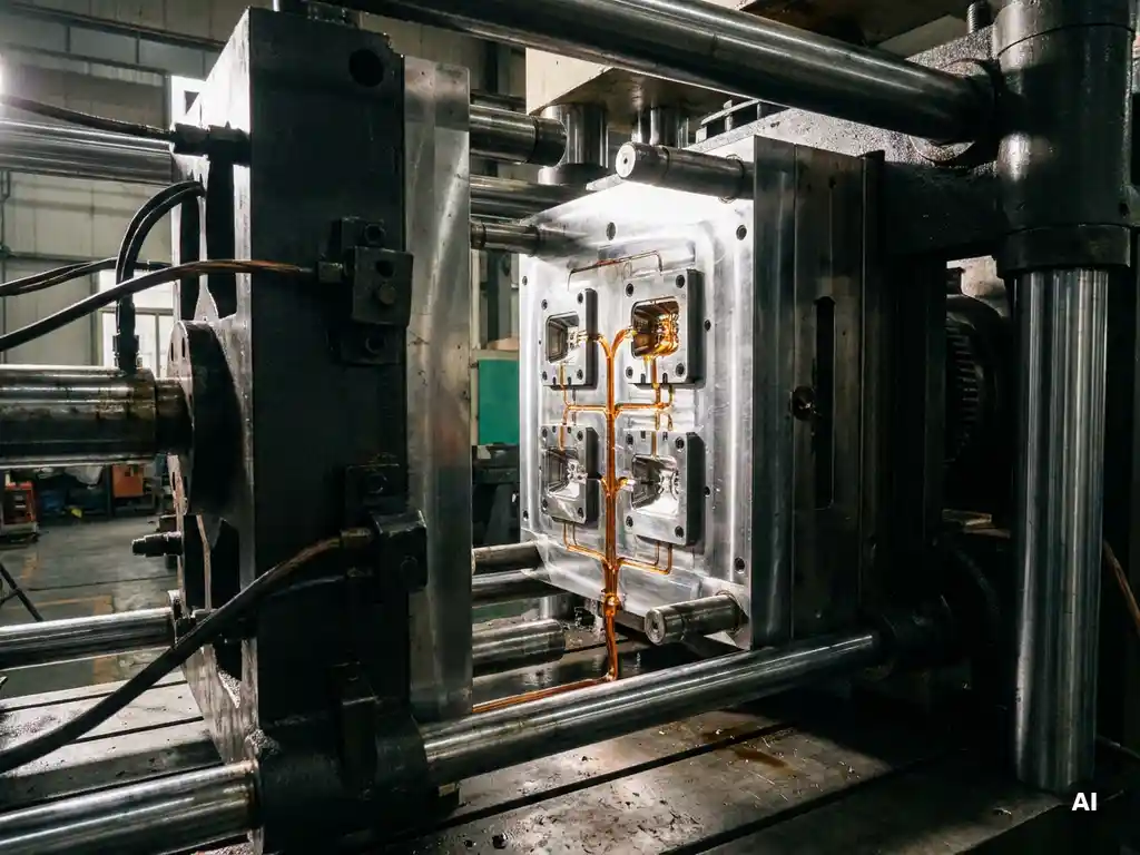 Gesloten spuitgietmal onder hoge druk met vloeibare plastic massa in stalen matrijs, industriële werkplaatsomgeving.