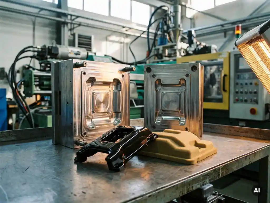 Open injectiegietmal op stalen werkbank met glanzend kunststof onderdeel en mat schuimgegoten reactiecomponent in fabrieksverlichting.