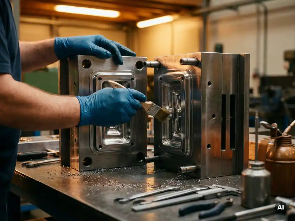 Technicus smeert de gepolijste holteoppervlakken van een open precisie-spuitgietmal op een stalen werkbank.