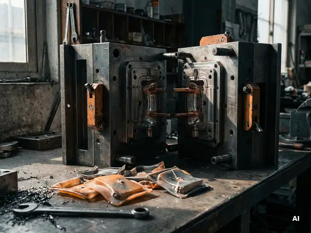 Open kunststof spuitgietmal op stalen werkbank met zichtbare holte-structuur en afgewezen plastic onderdelen met vervorming en inzinkingen.