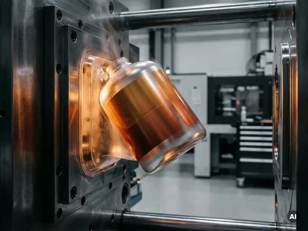 Glanzende plastic container komt uit open spuitgietmal, met naadloos geïntegreerd in-mould label op het oppervlak.