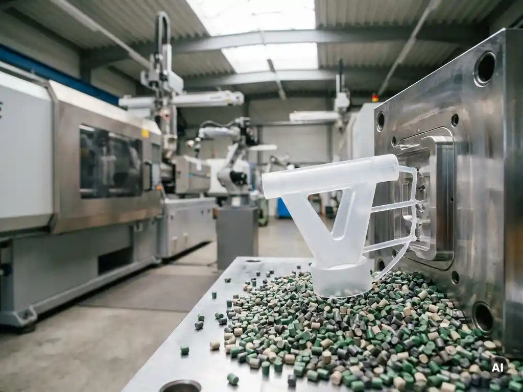 Vers gevormd doorschijnend plastic onderdeel uit een precisie-spuitgietmal, omringd door gerecyclede groene en grijze plastic korrels.
