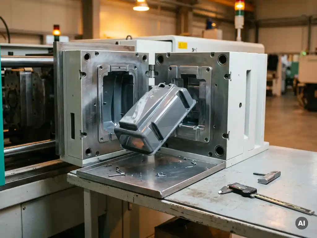 Glanzend kunststof onderdeel uit open spuitgietmal op fabrieksvloer, met kwaliteitsschuifmaat en minimale plastic restafval.